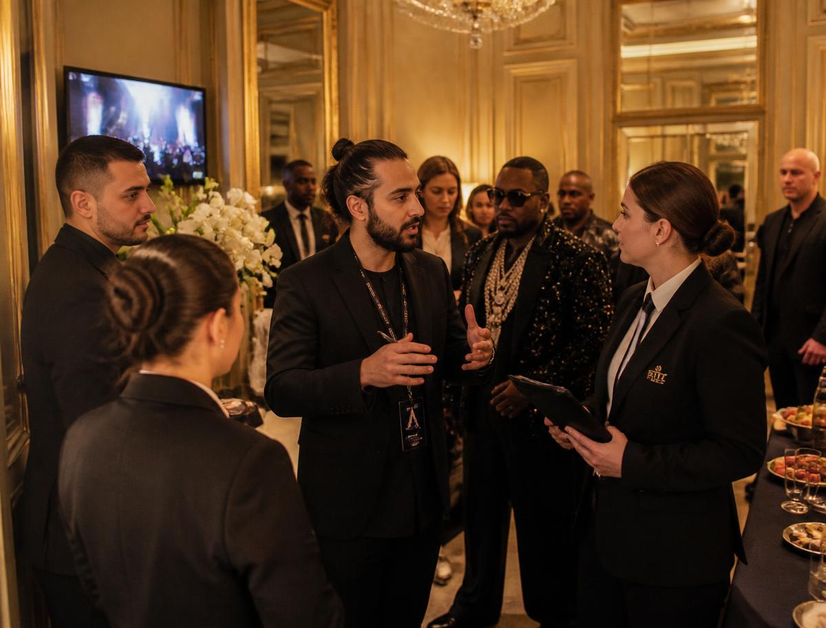 Artist manager coordinating with talent and hospitality team at a luxury event