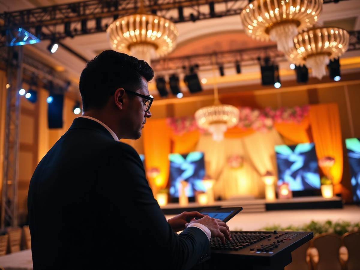 Production manager coordinating stage, lighting, and AV at a luxury event