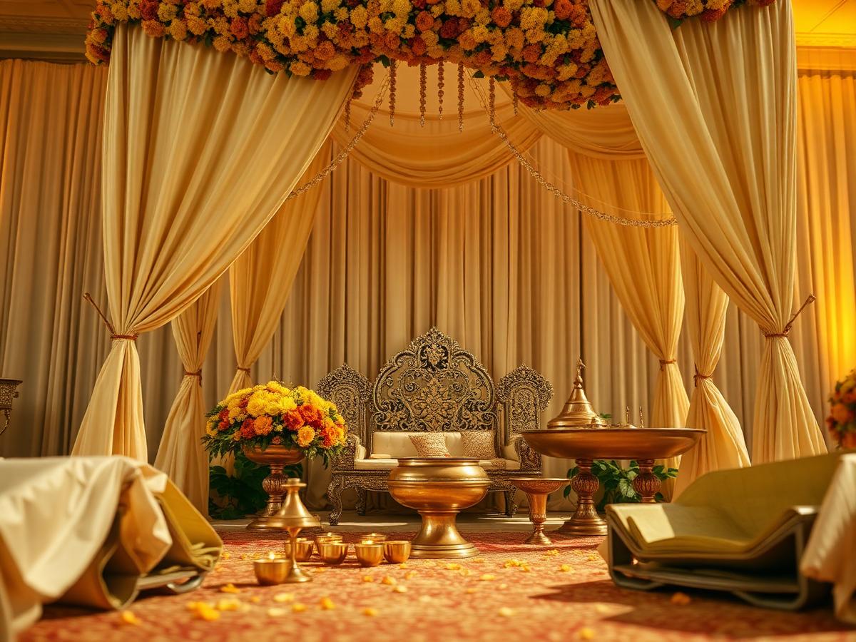 Elegant Indian wedding pooja mandap with ceremonial brassware and floral arrangements